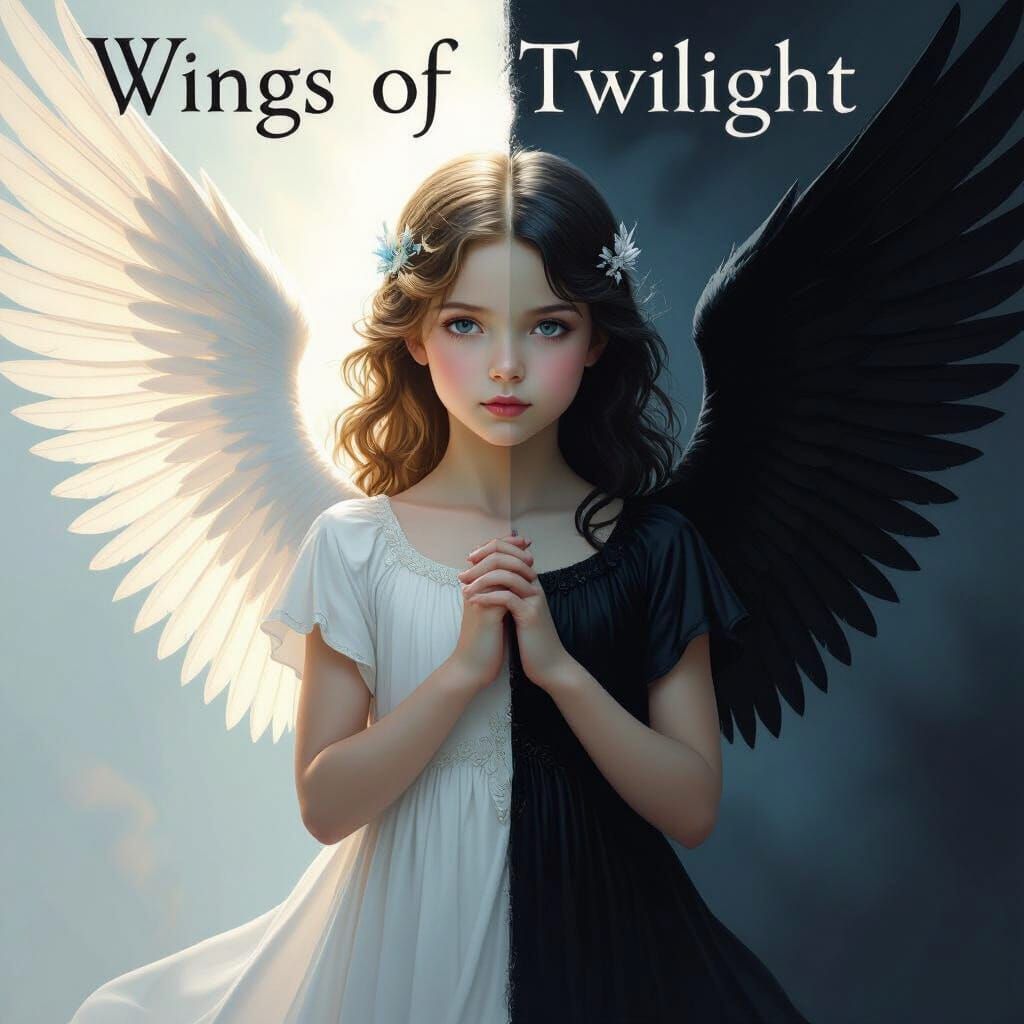 Angel Girl Duality Book Cover Art in Romantic Fantasy Style