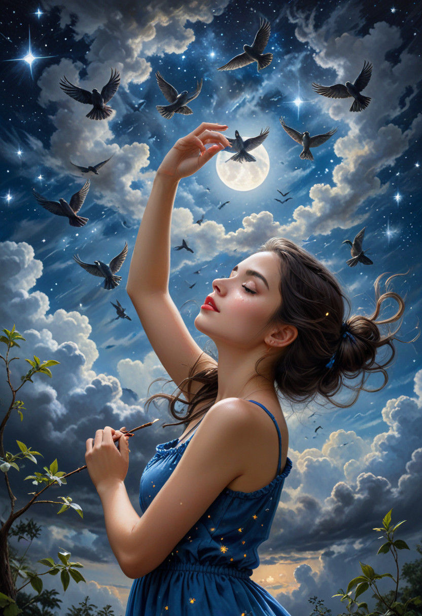 Woman in Starry Night Sky with Birds and Clouds, Smoking in...