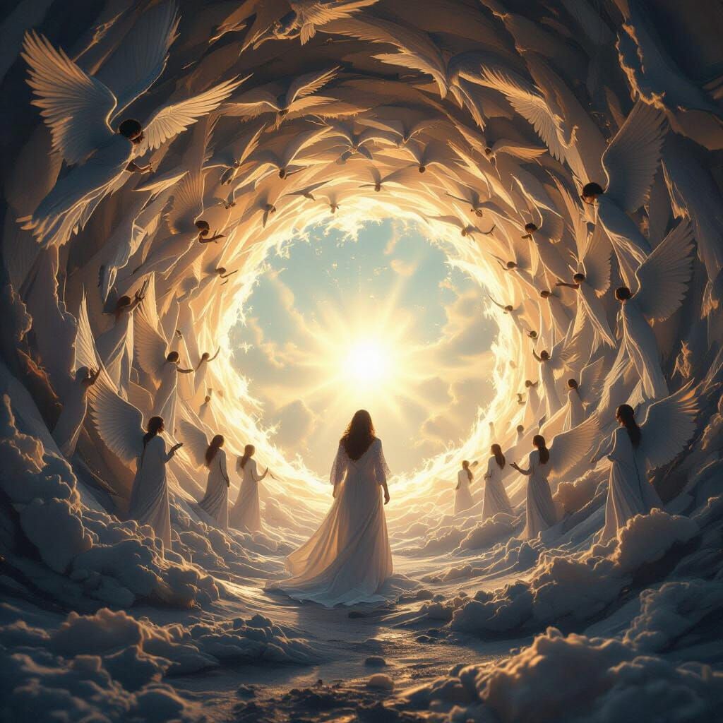 First Person View Through Angel Portal to Brilliant Light