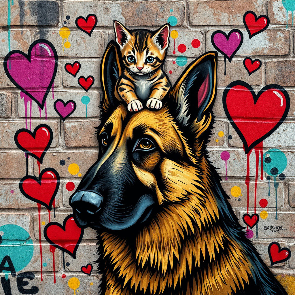 Kitten and Shepherd in Vibrant Street Art