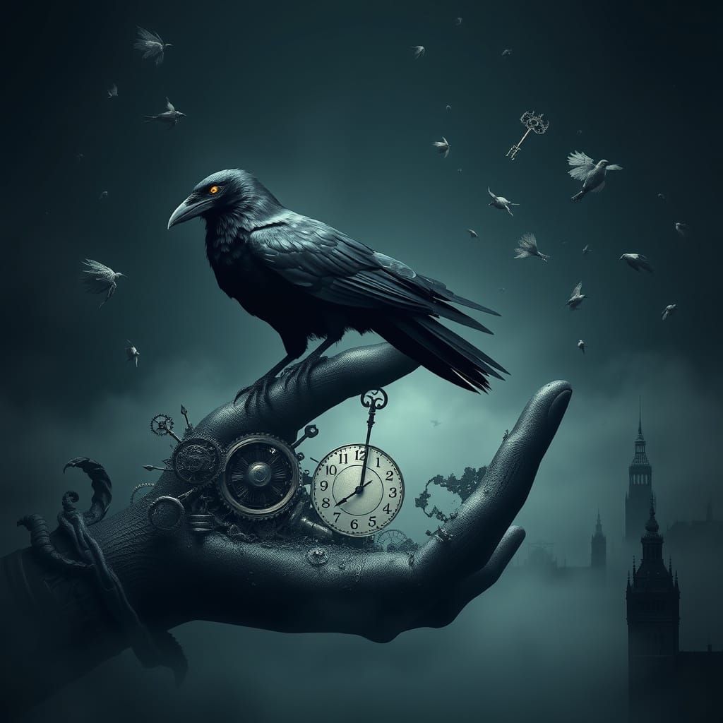 Majestic Raven Amidst Clockwork Ruins