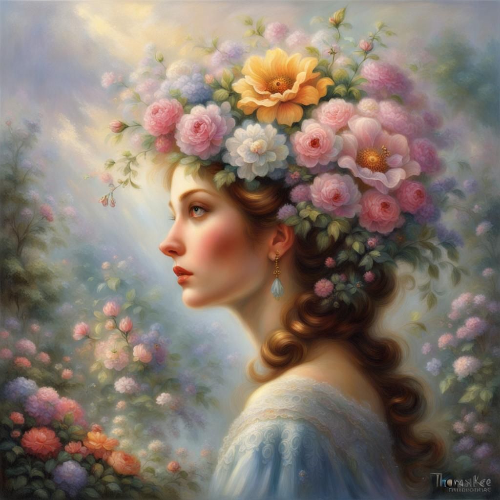 Ethereal Woman with Flowers in Fantasy Style