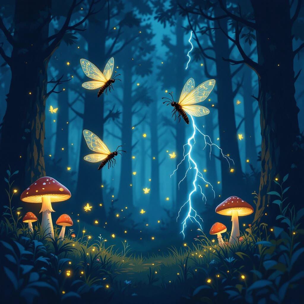 Enchanted Forest Night: Fireflies and Lightning