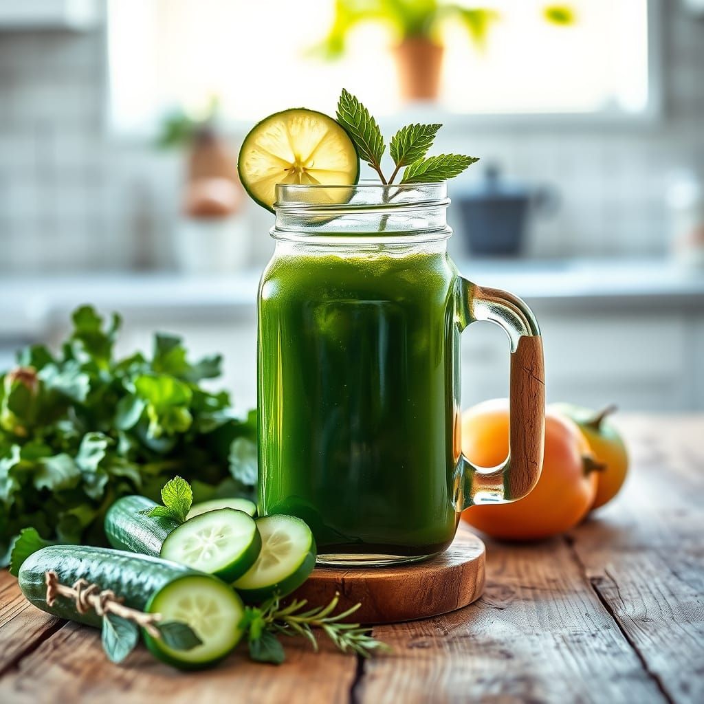 Vibrant Green Juice Still Life in Oil Painting Style
