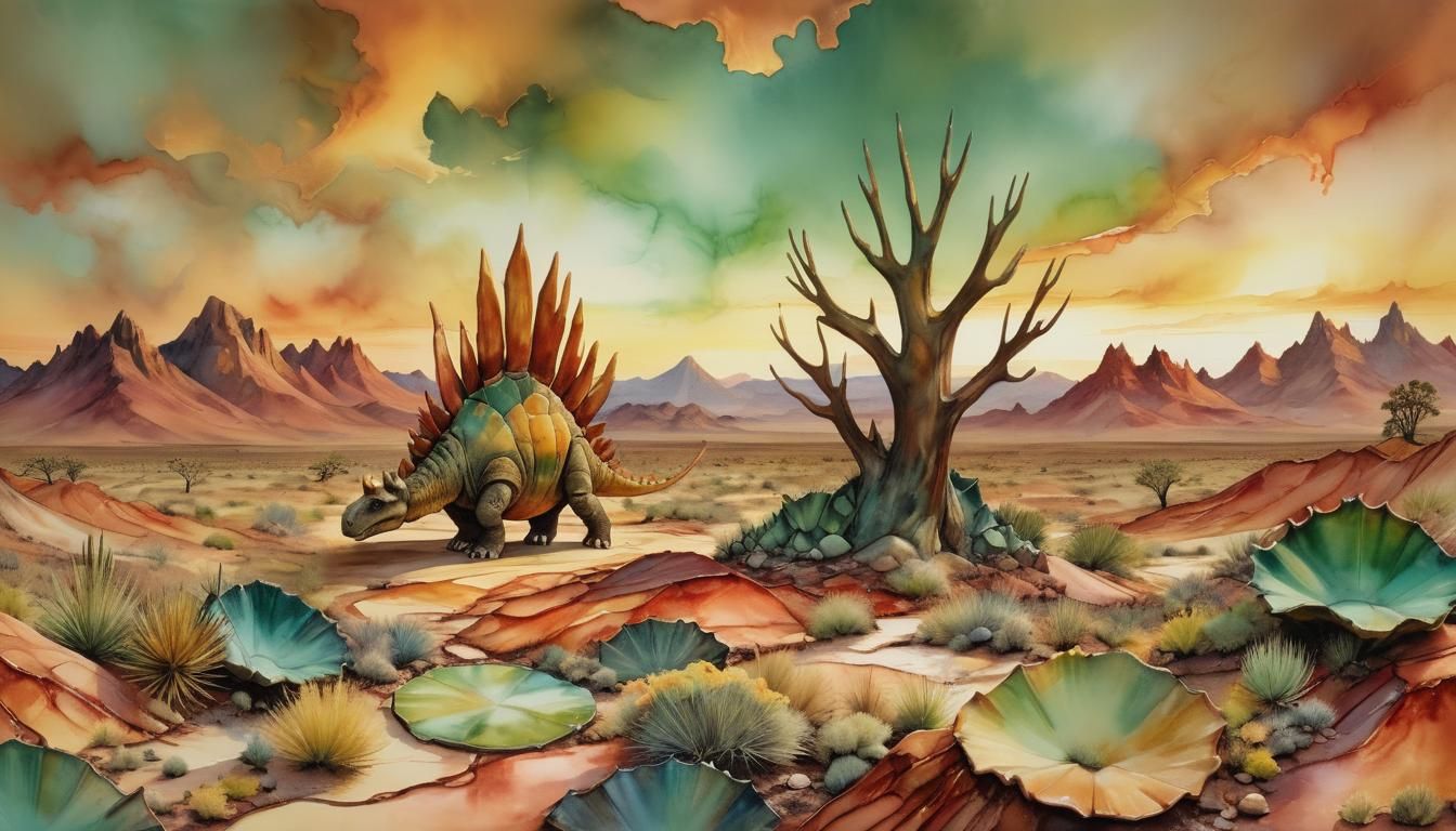 Stegosaurus in Jurassic Landscape with Alcohol Ink Effect