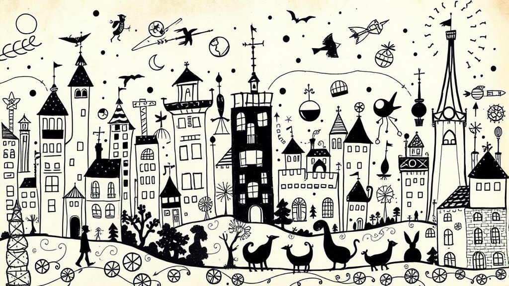 Whimsical Doodle Landscape with Steampunk Elements