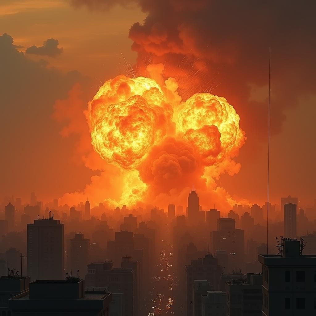 Explosion Over Iranian Cityscape in Cyberpunk Style