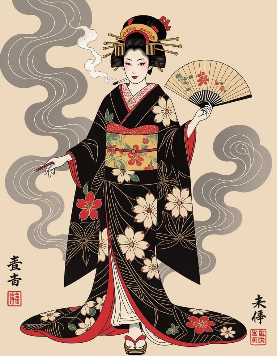 Geisha in Kimono with Kiseru, Japanese Art Style