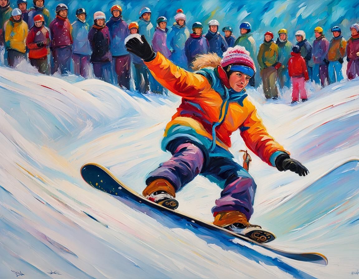 Snowboarder's Elegant Flight: Neo-Impressionist Winter Scene