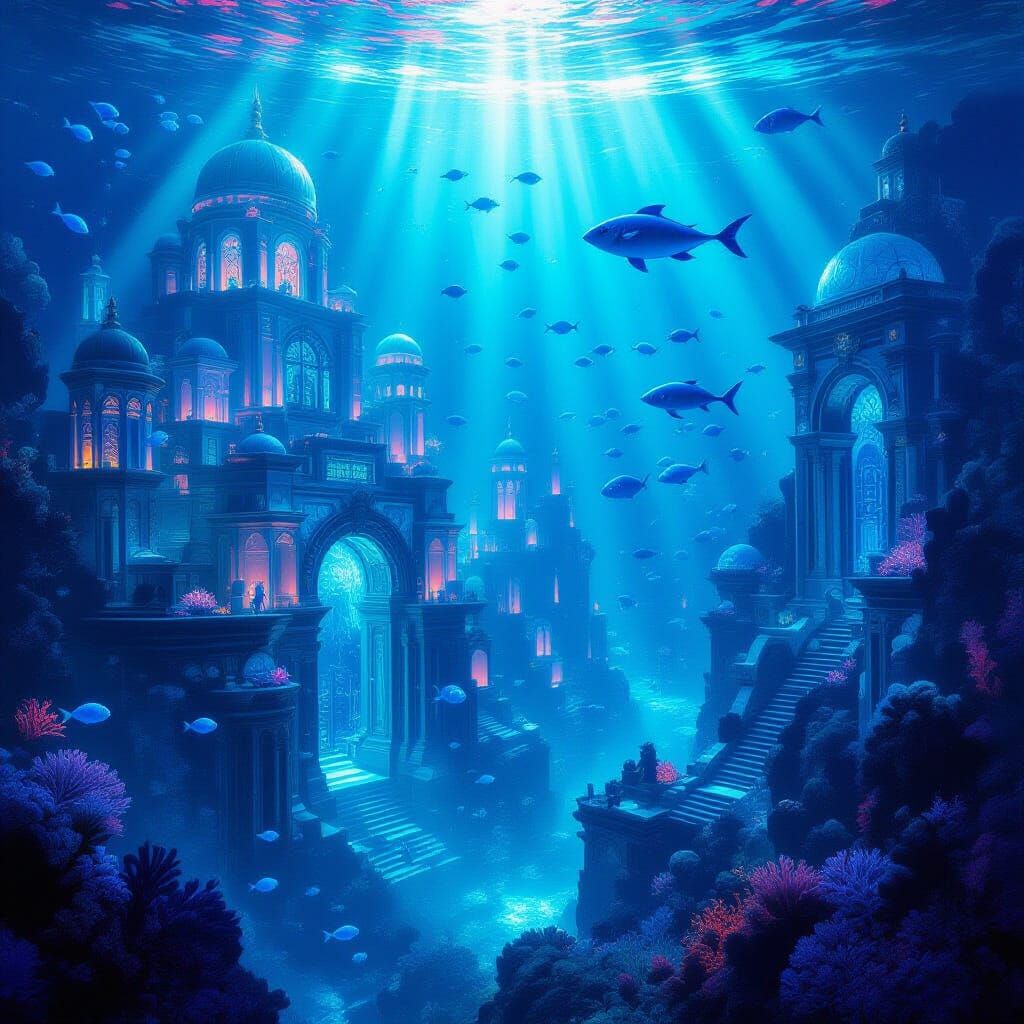 Ethereal Underwater City of Glowing Coral and Ruins