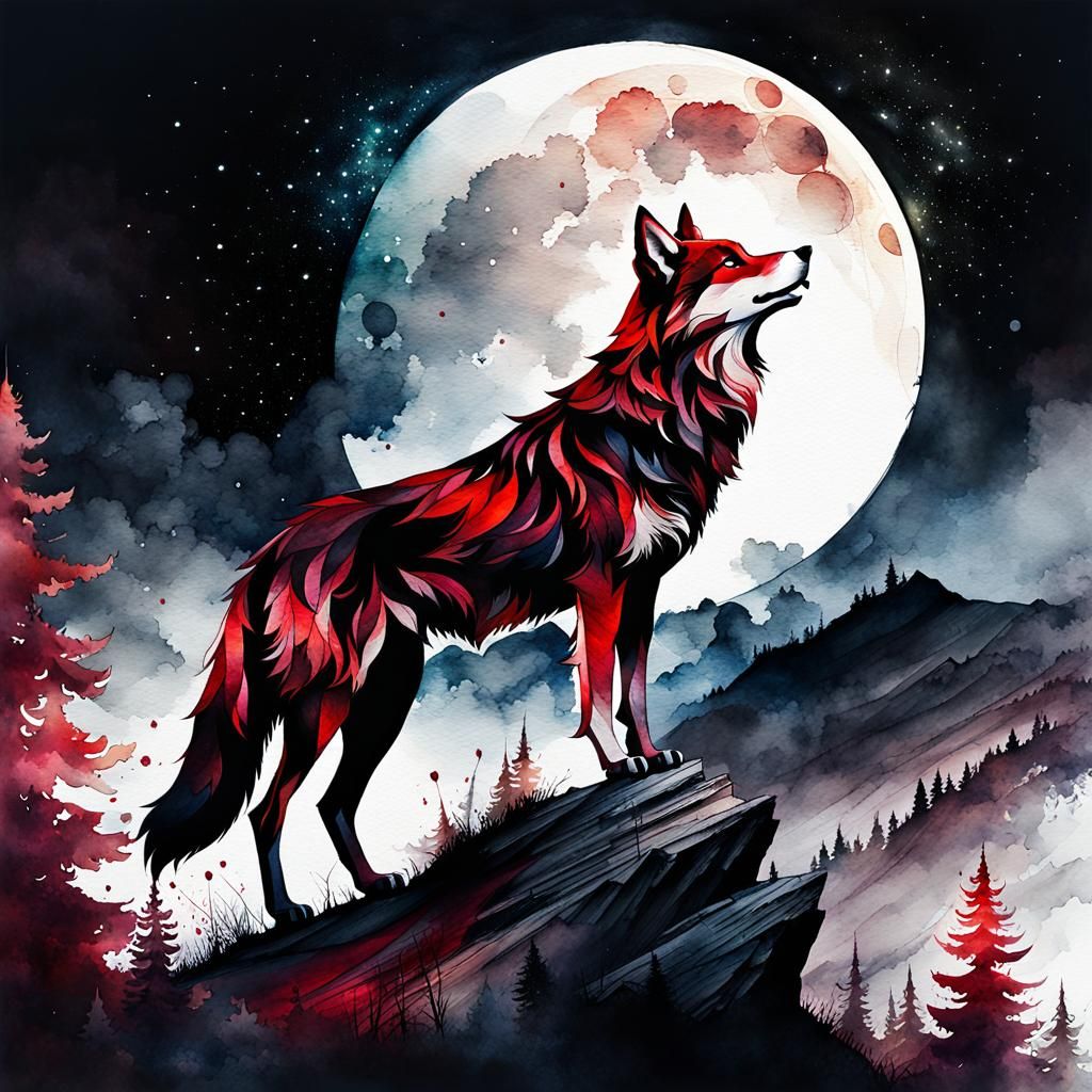 Fantasy Wolf Watercolor Illustration Under Galaxy Moon