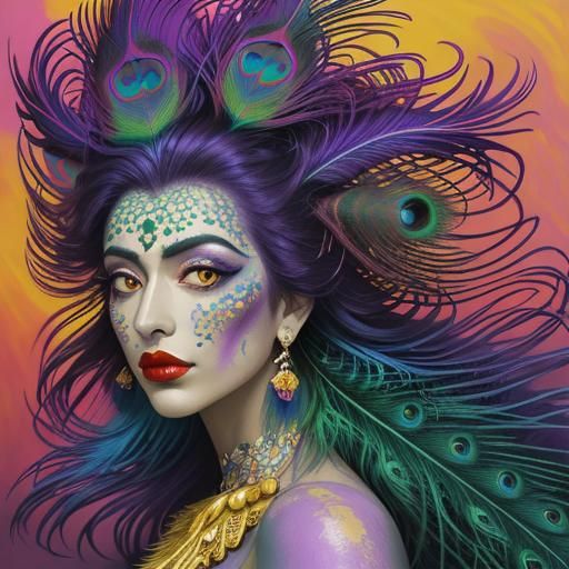 Abstract Expressionist Portrait with Peacock Feathers