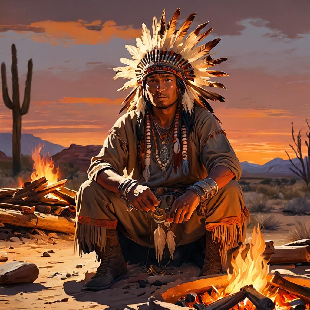 Impressionist Apache Warrior at Sunset