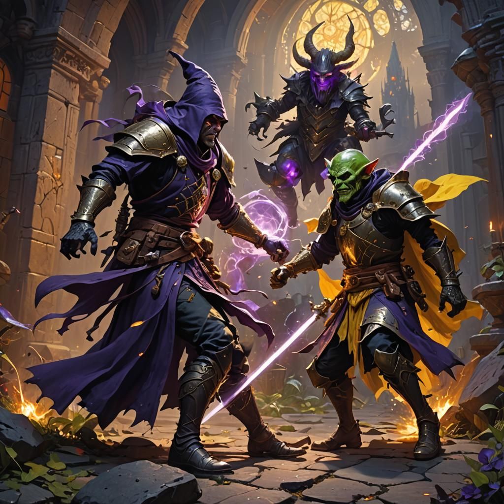 Dark Magic Wizard vs Goblin Knight: Fantasy Art