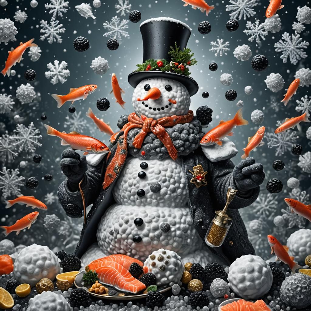 Hyperrealistic Snowman Adorned with Caviar and Salmon