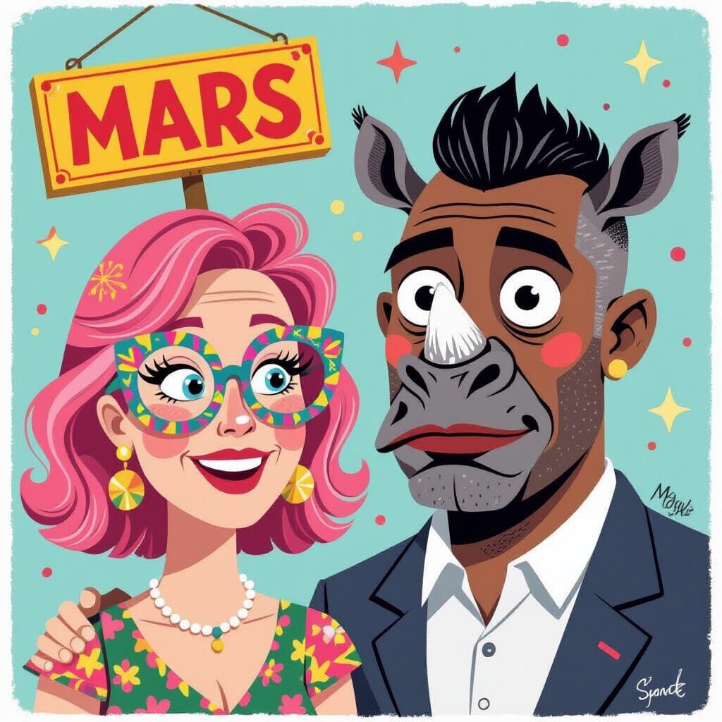 Funky Illustration of a Woman and Man in Complementary Color...