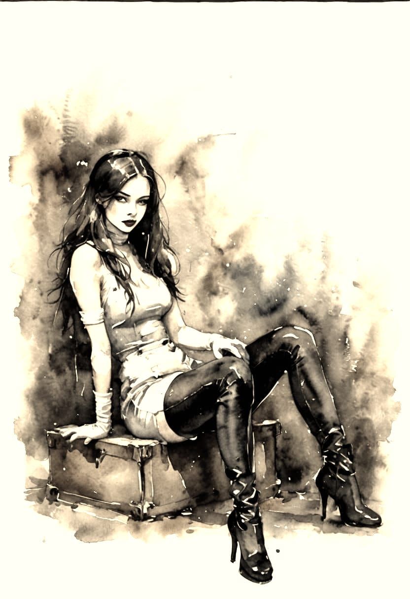 Abstract Watercolor of Girl in Swimsuit and Boots