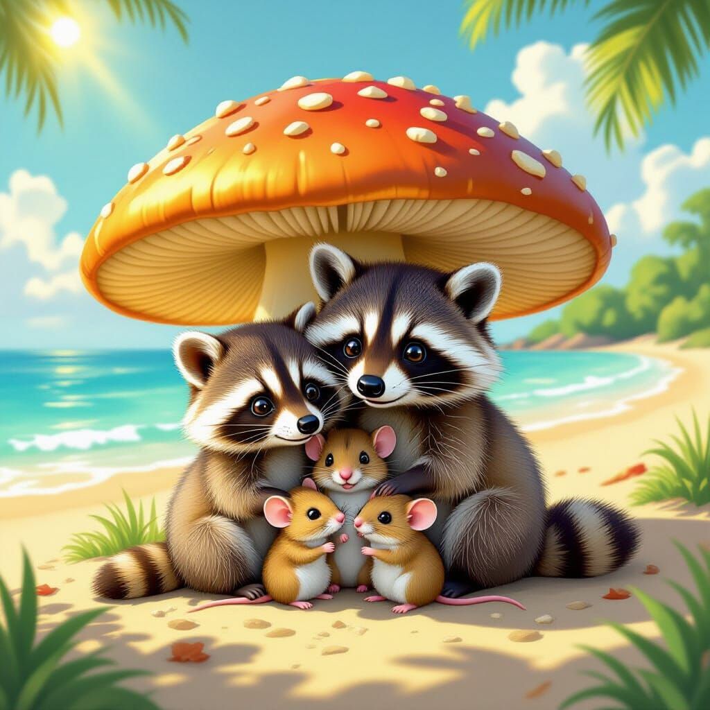 Baby Raccoon and Mice Find Shade Under Giant Mushroom