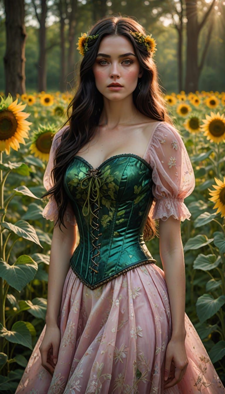 Ethereal Beauty in Sunflower Field: Pre-Raphaelite Style