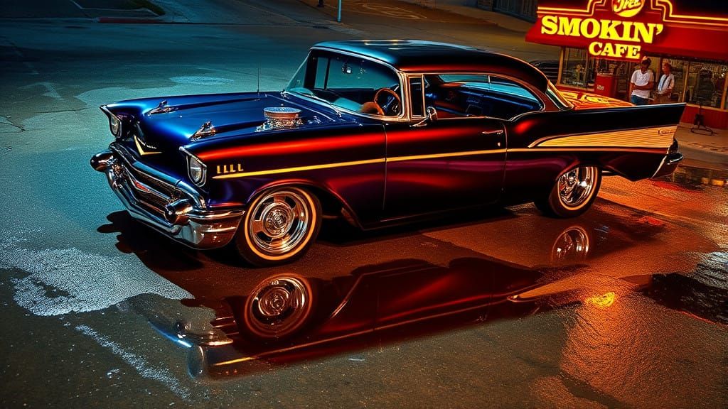 overhead drone view photo of an wild cherry blue black paint 1957 Chevy Bel-Air street rod, a big block blown chrome eng...