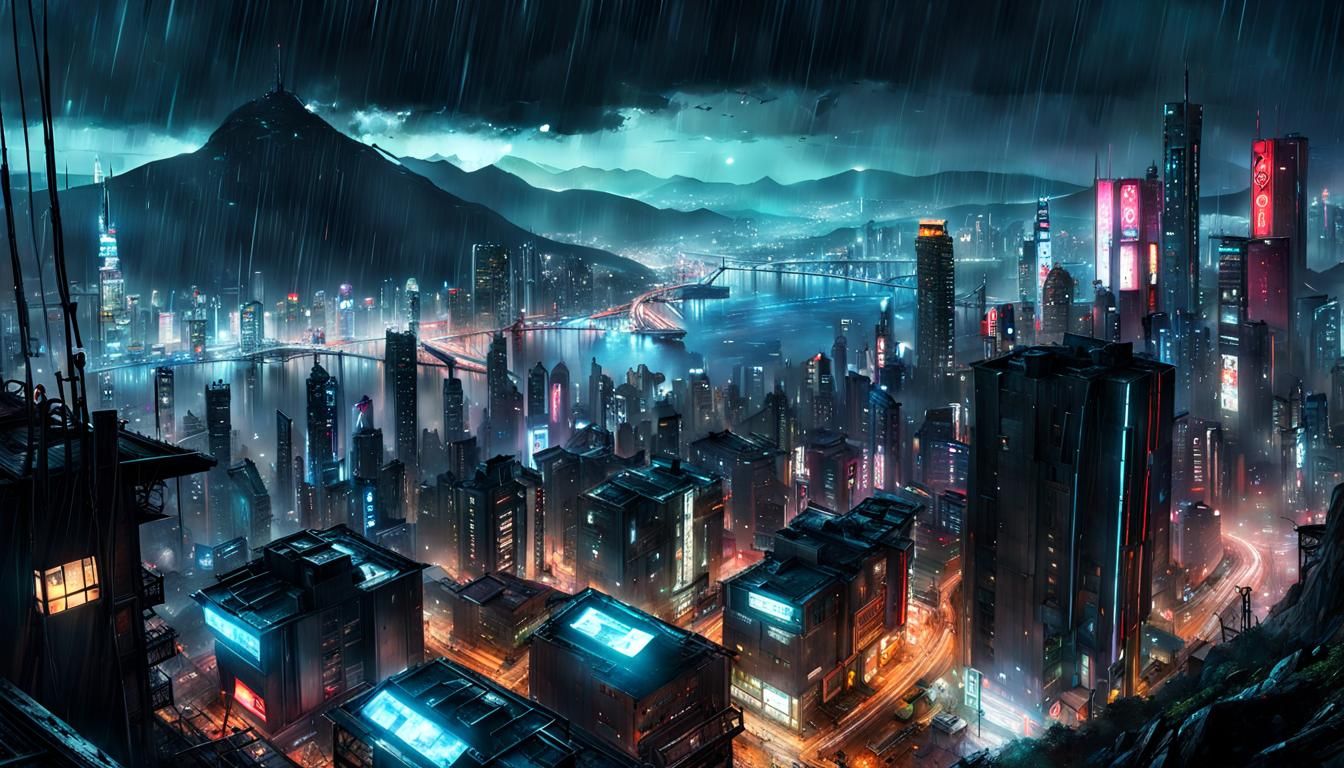 Rainy Midnight Cyberpunk Cityscape in 16K HDR