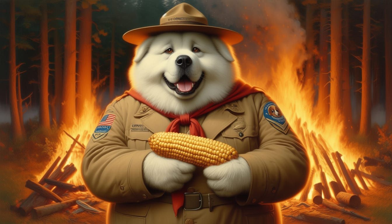 Great Pyrenees Scoutmaster with Corn in Burning Forest