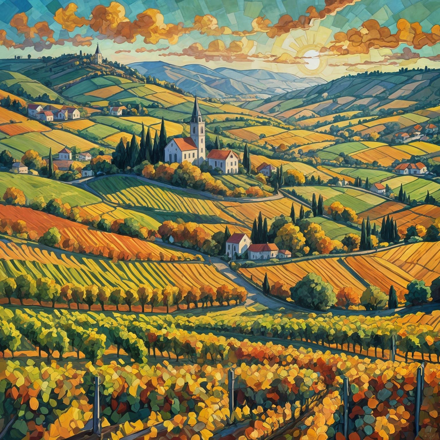 Autumn Vineyard with Village in Abstract Style