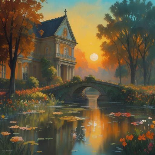 English Garden Sunset in Neo-Impressionist Style