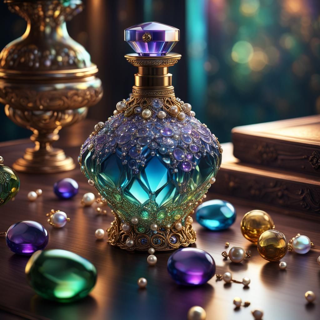Iridescent Glass Perfume Bottle with Gemstones