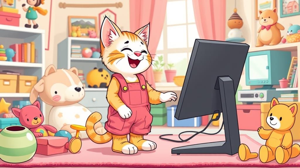 Playful Kitten in Overalls: Whimsical Children's Illustratio...