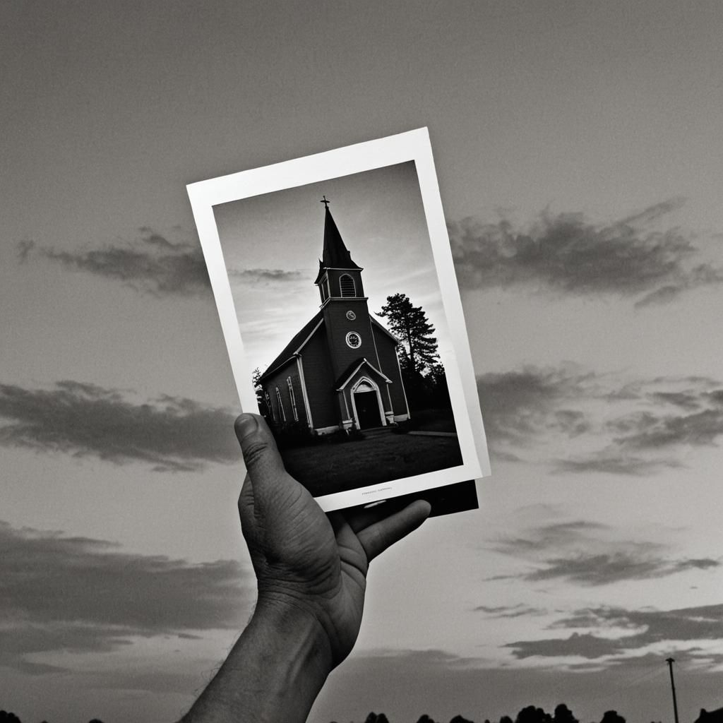 Hand Holding Photograph of Church at Sunset