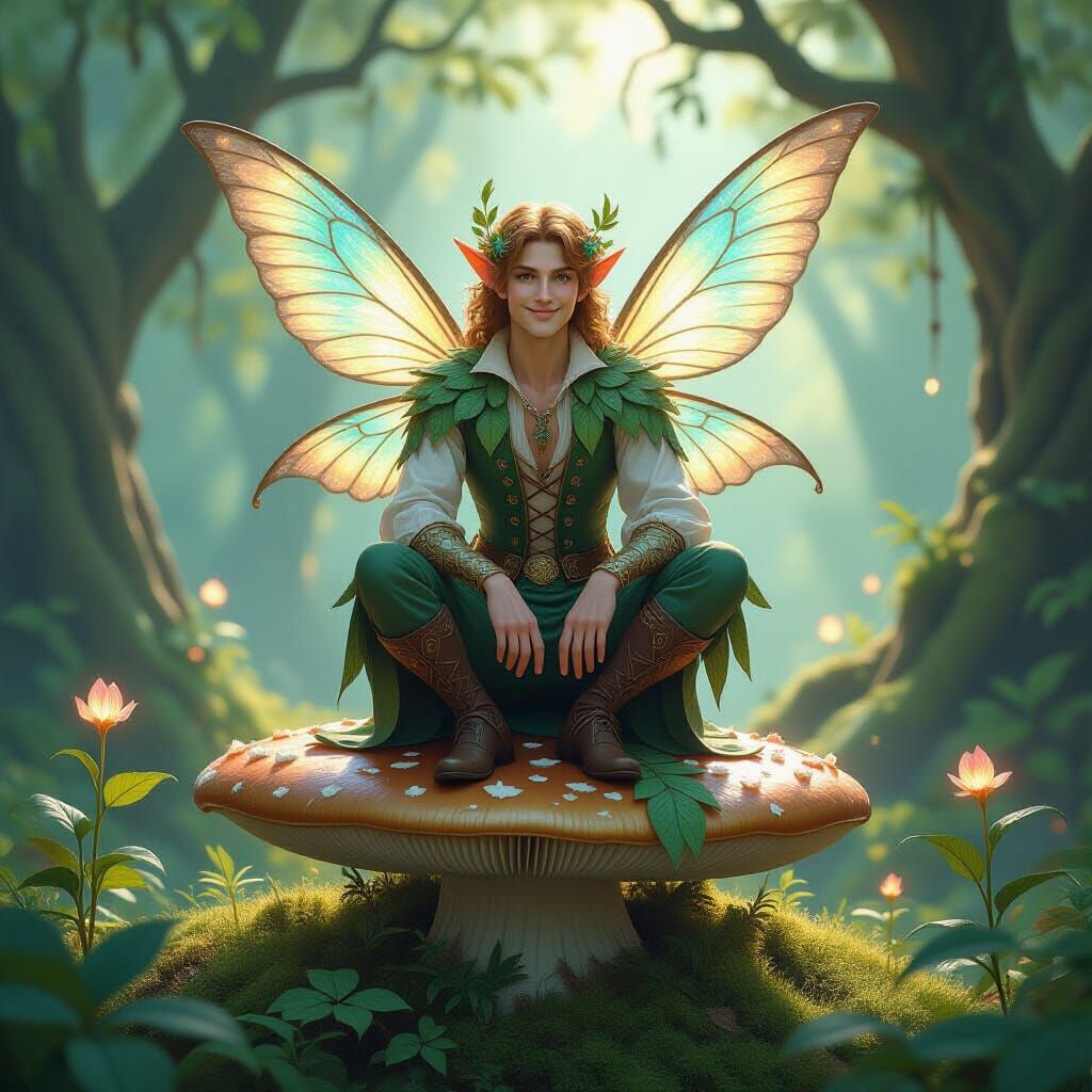 Benevolent Male Fairy on Mushroom in Enchanted Forest