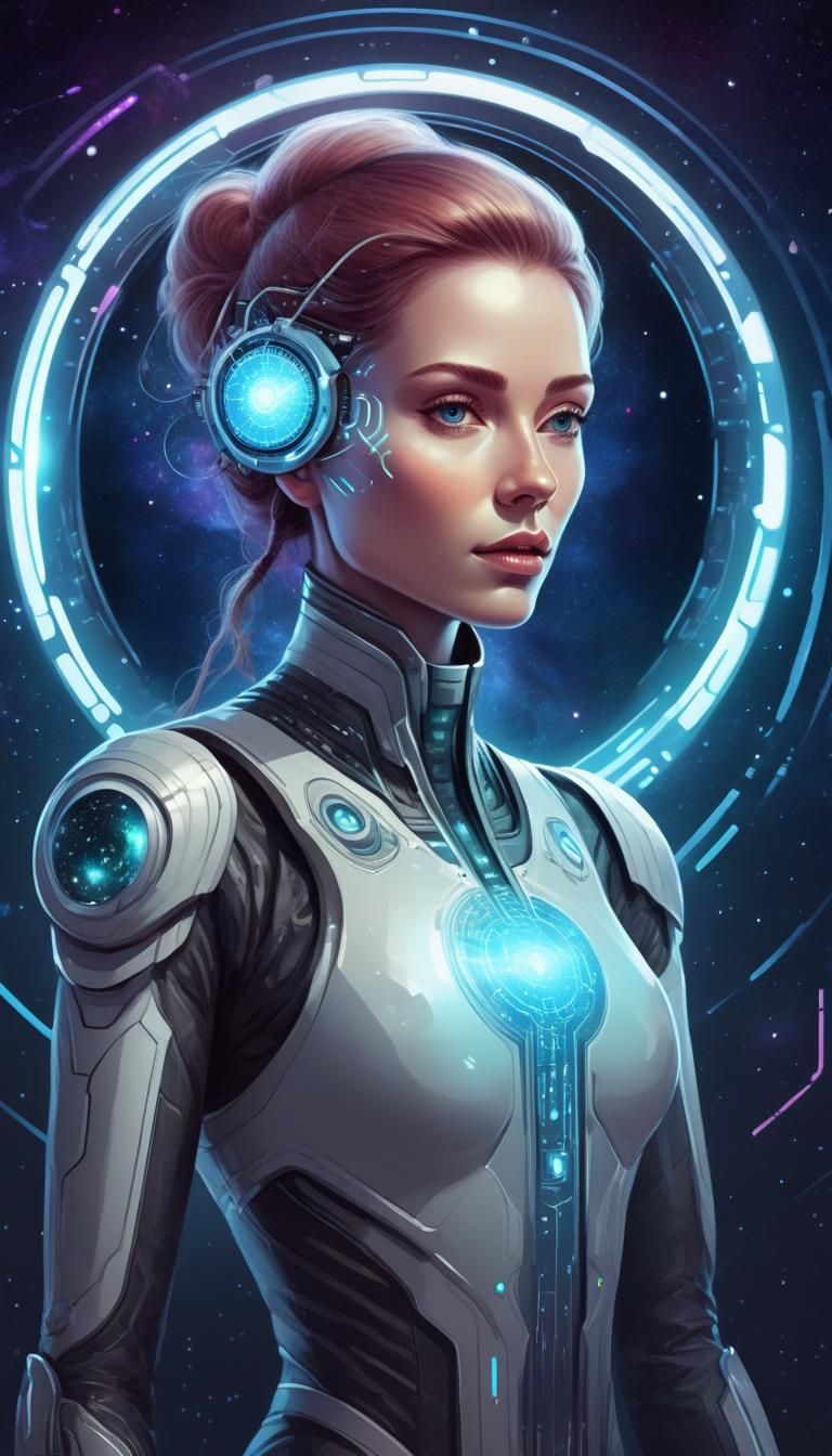Futuristic Android Woman in Laboratory with Space Portal