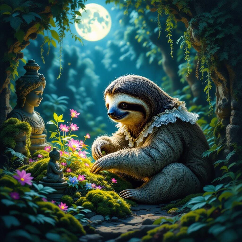 Rococo Sloth Tends Bioluminescent Garden in Moonlight
