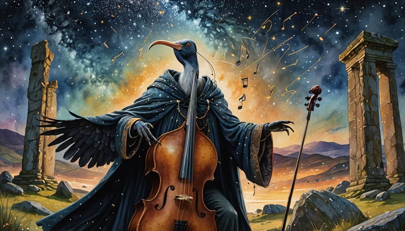 Ibis Playing Jazz on Bass with Aurora Borealis