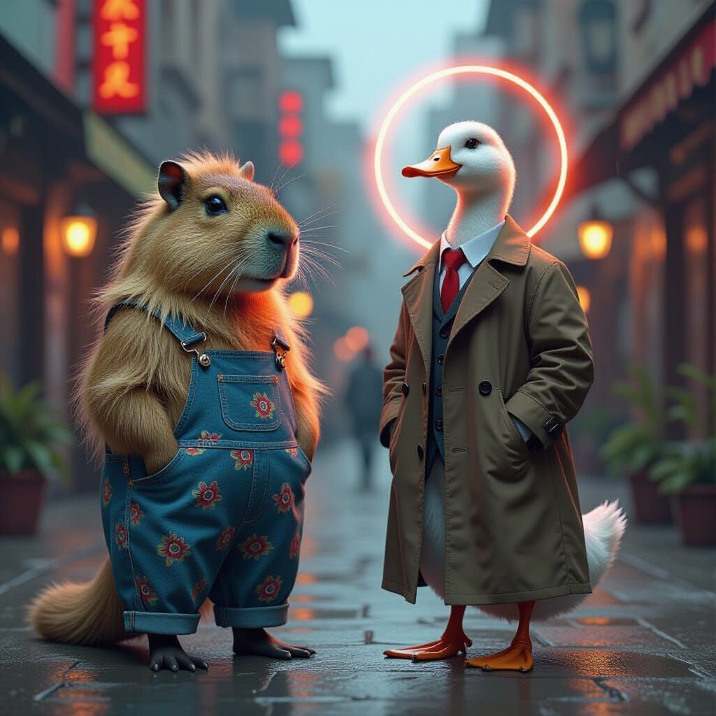 Surreal Meeting: Capybara and Duck in Neon Landscape