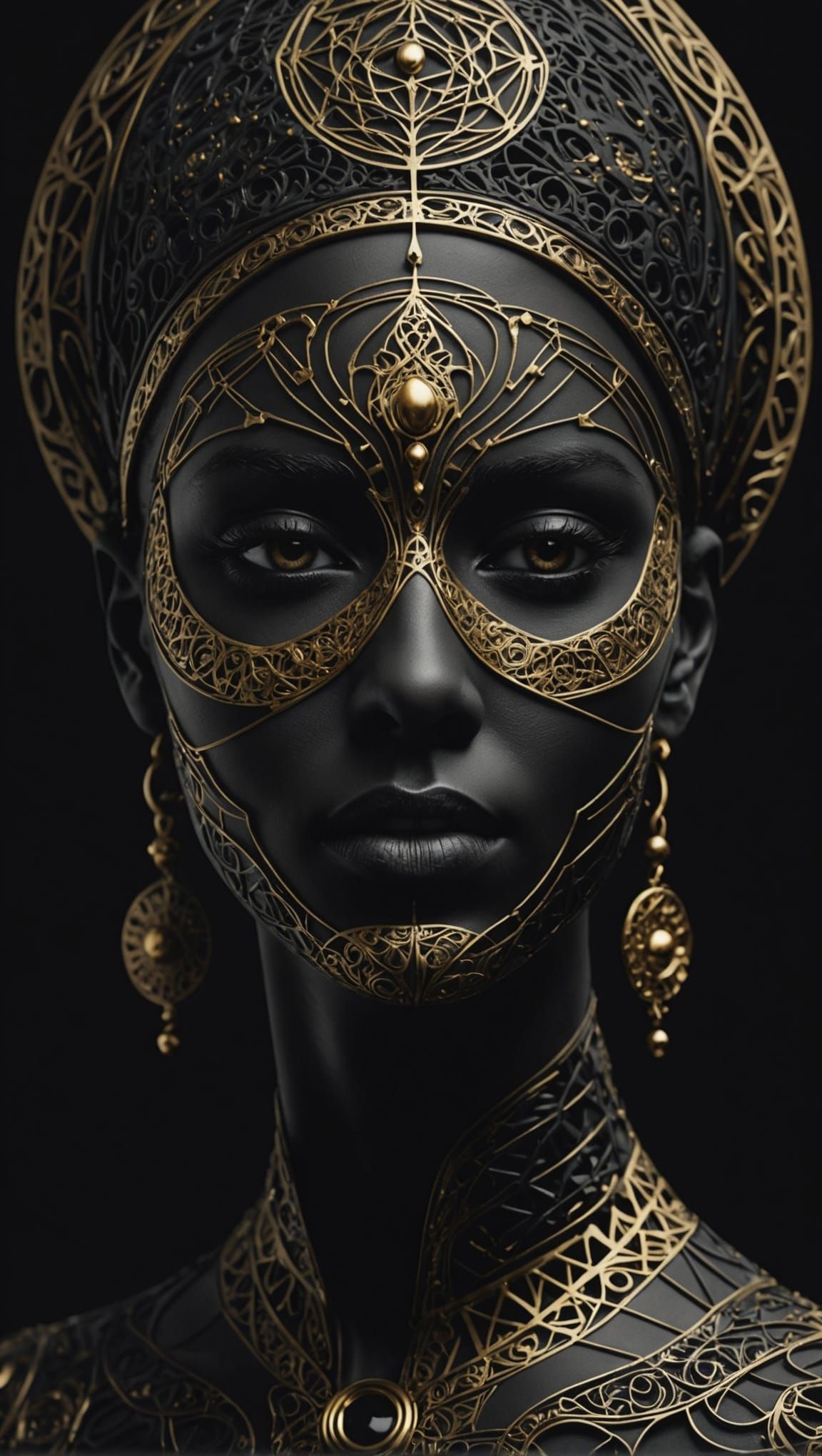 Black Porcelain Face with Geometric Gold Patterns