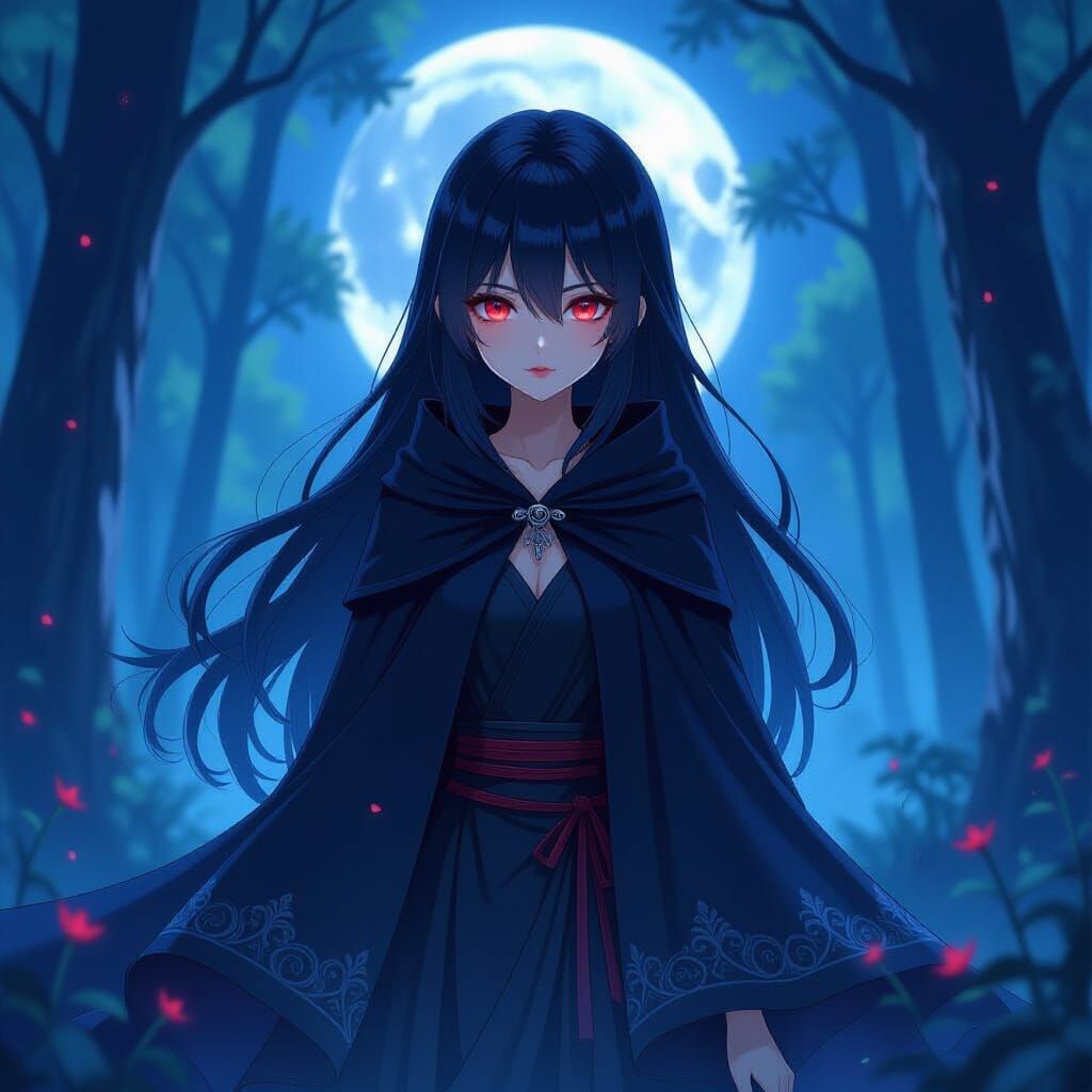 Anime Girl Raven in Moonlit Forest
