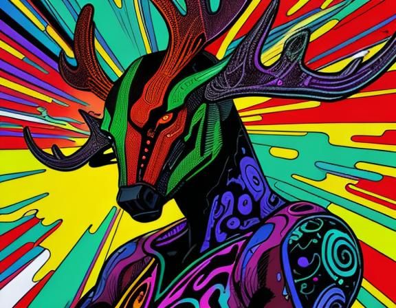 Cyborg Moose Head in Psychedelic Comic Art