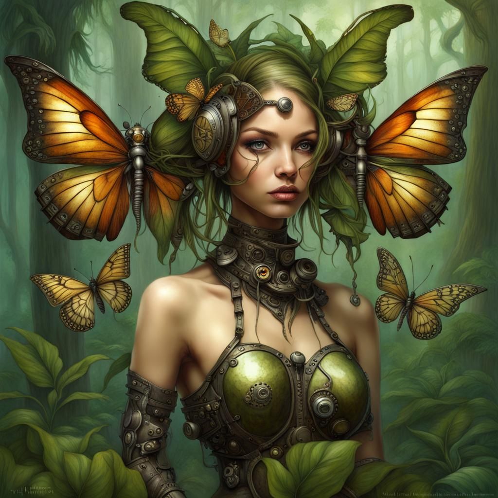 Cyborg Steampunk Fairy in Surreal Jungle