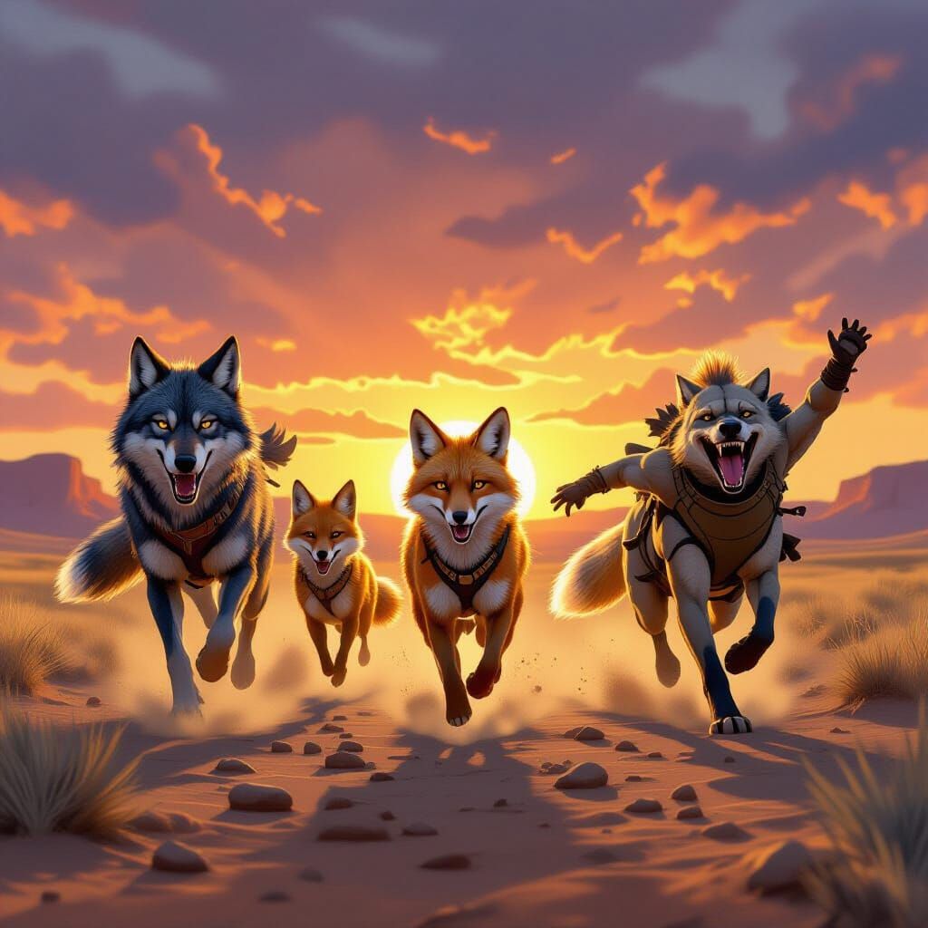 Wolf, Fox, and Hyena Chase Antelope at Sunset