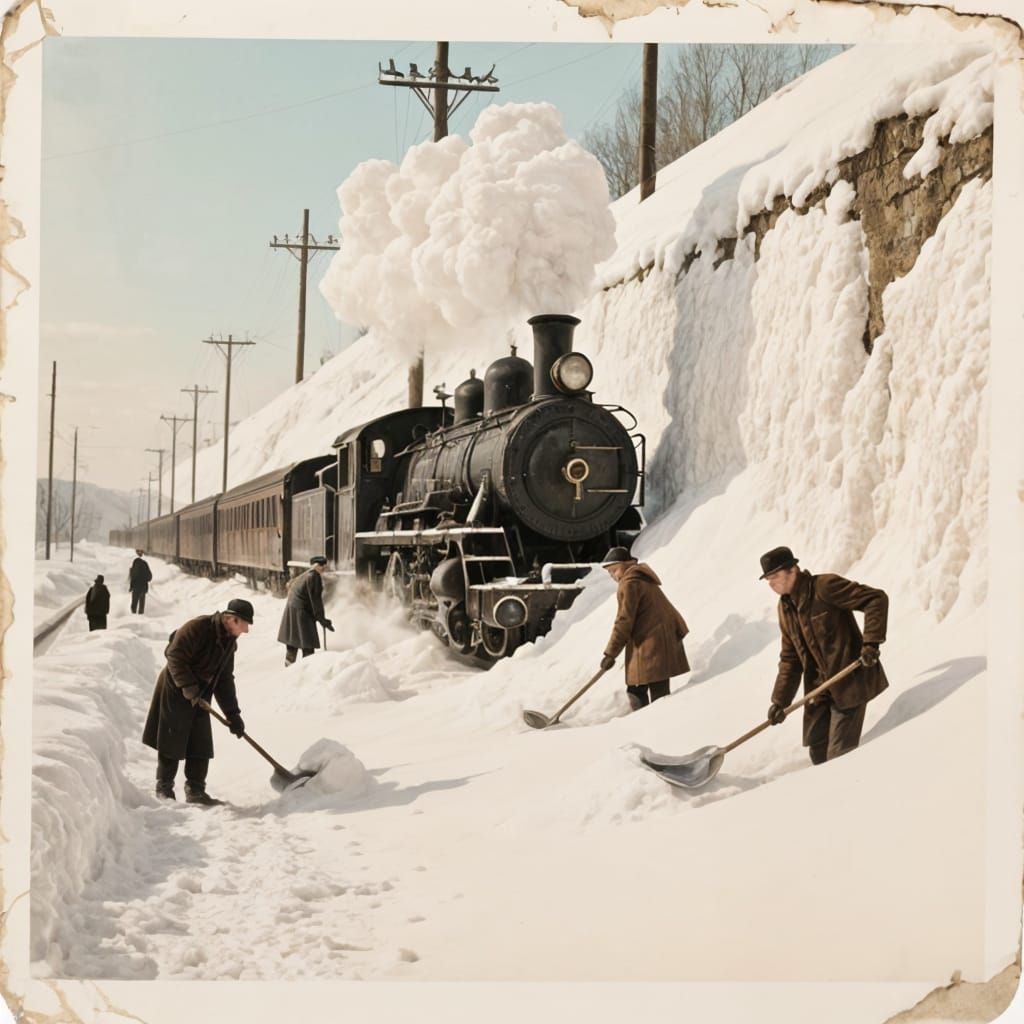 Vintage Steam Train Lost in Snow, Hand-Tinted Photograph