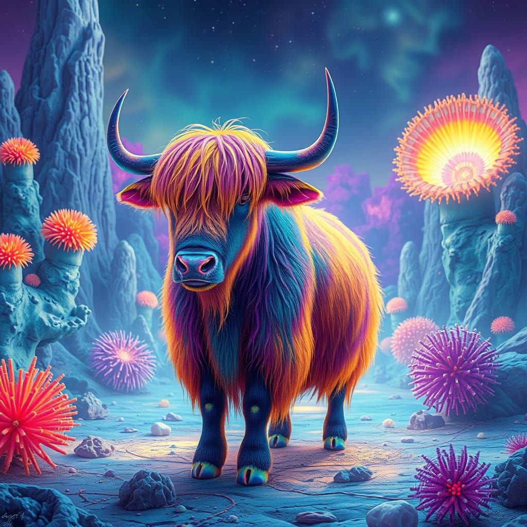 Iridescent Yak in Surreal Landscape, Digital Art