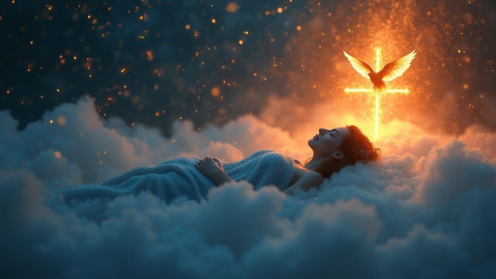 Spiritual Fantasy: Woman on Clouds with Fiery Cross