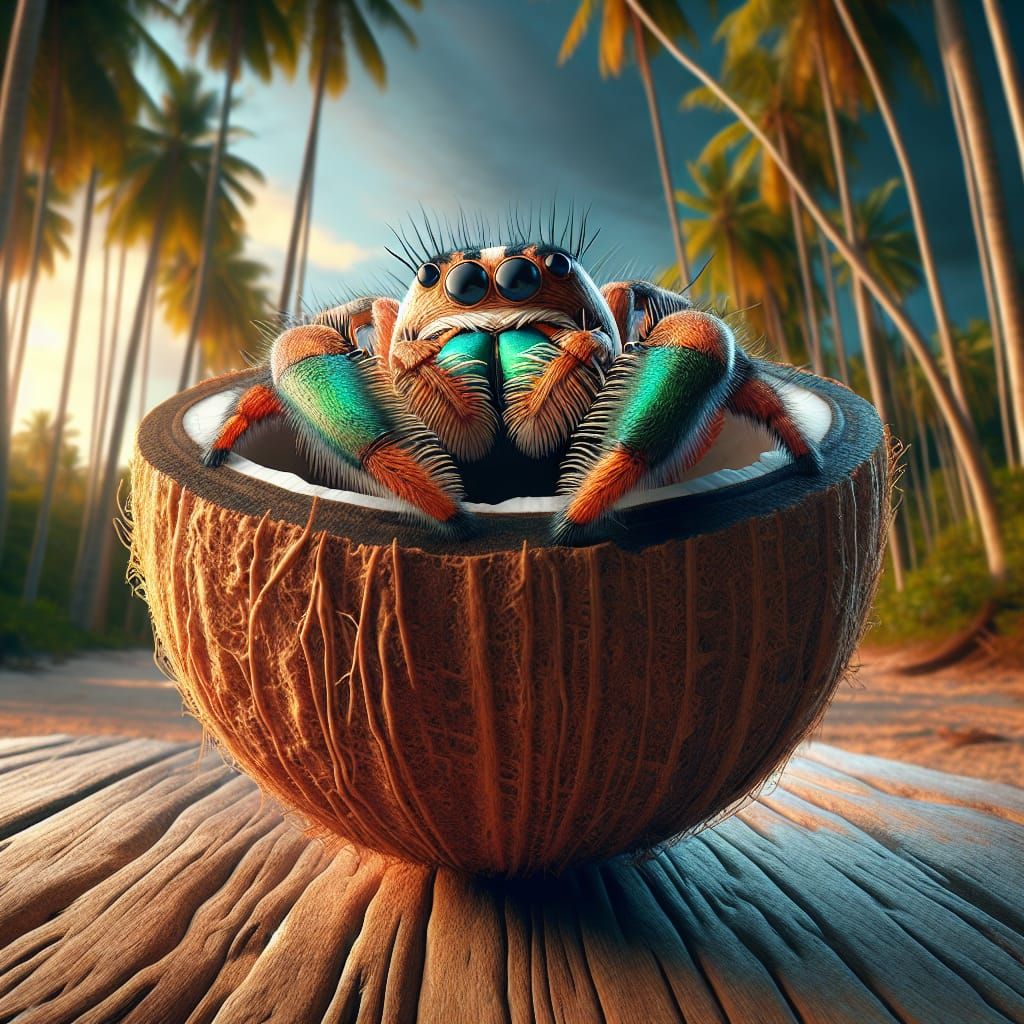 Orange and Green Jumping Spider in Coconut