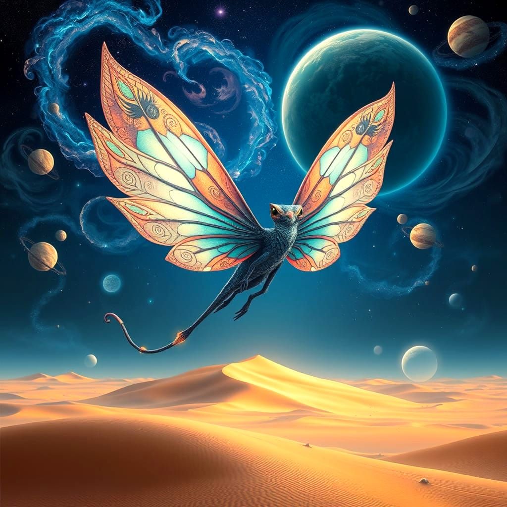 Fantasy Colibri Creature Soars Through a Vibrant Desert Sky
