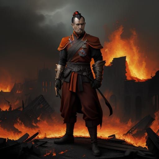 Fire Nation Soldier in Burning City: Dark Fantasy Oil Painti...