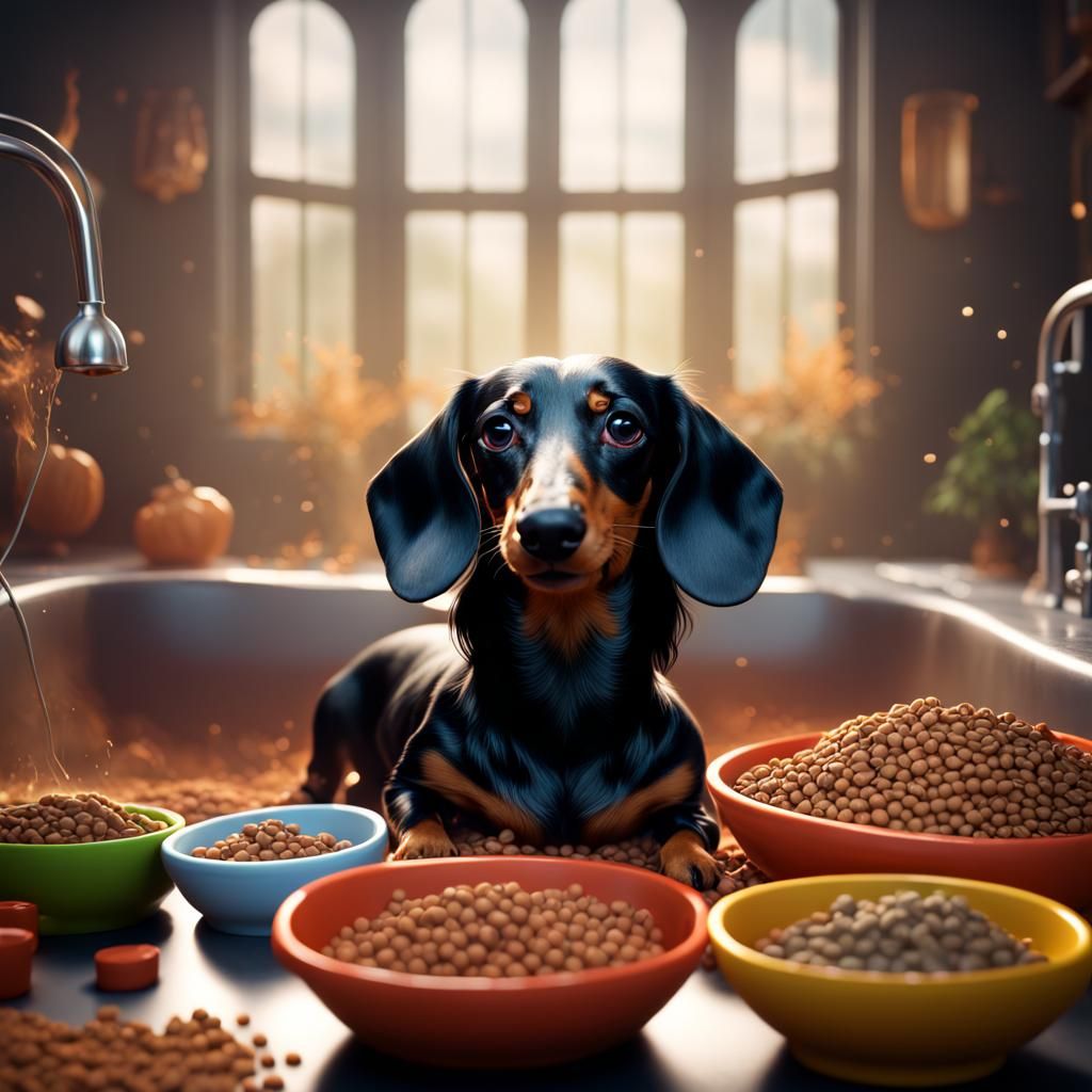 Dachshund Bathes in Dog Food: Detailed Matte Painting