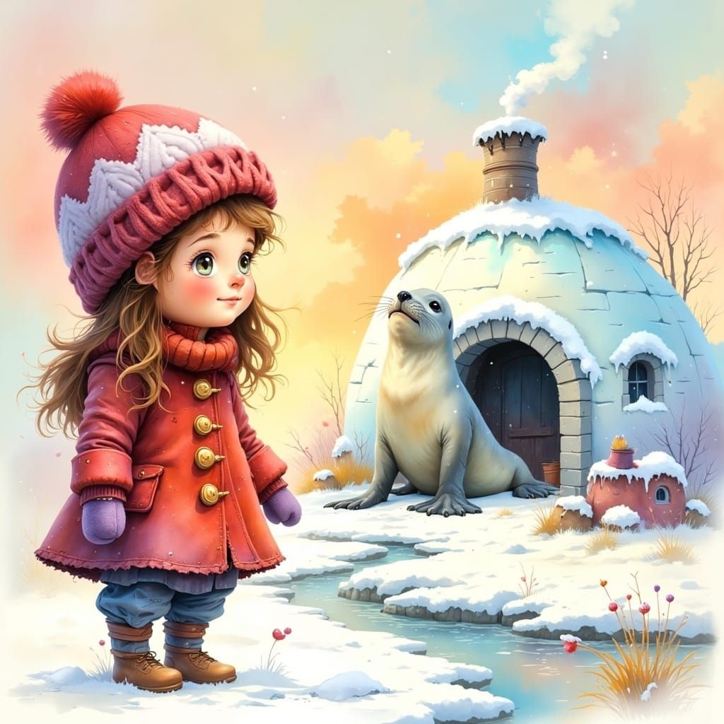 Whimsical Winter Scene with Friendly Seal and Cozy Igloo