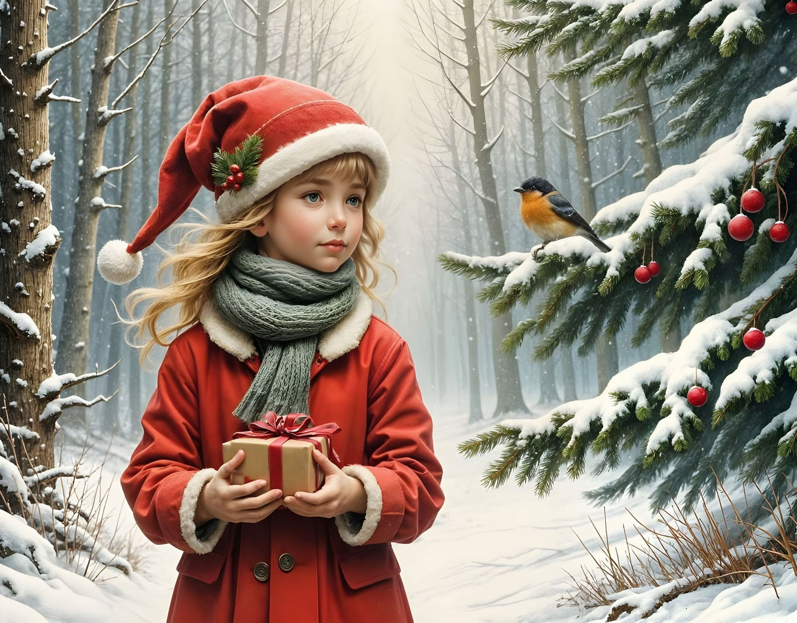 Wholesome Winter Scene: Person with Gift in Snowy Forest